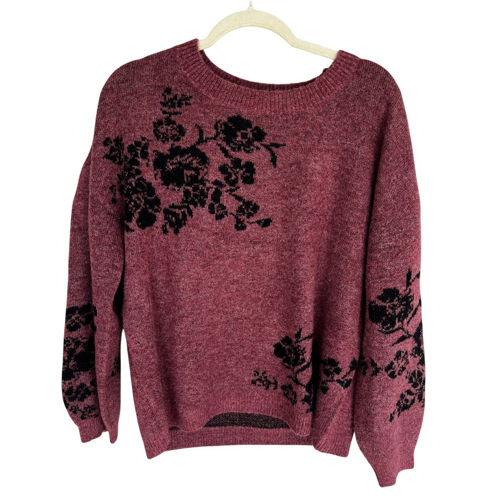 Nurture by Westbound Womens Purple Floral Knit Pullover Sweater‎ Medium Stretchy